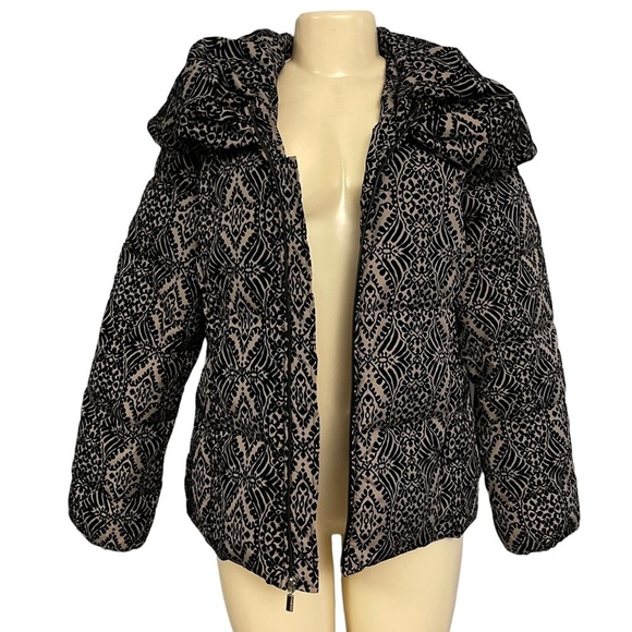 Nine West Velvet Satin Black Beige Damask Paisley Down Puffer Jacket Size Large - Picture 2 of 9